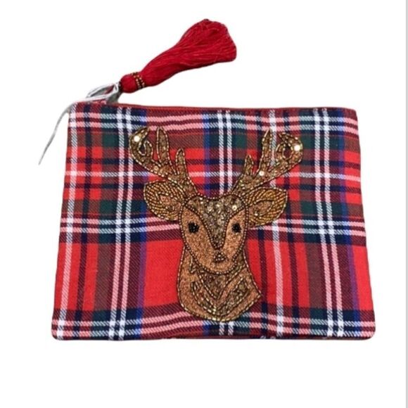 TWO’S Company Plaid Sequin Deer Cosmetic Bag NEW - Picture 1 of 6